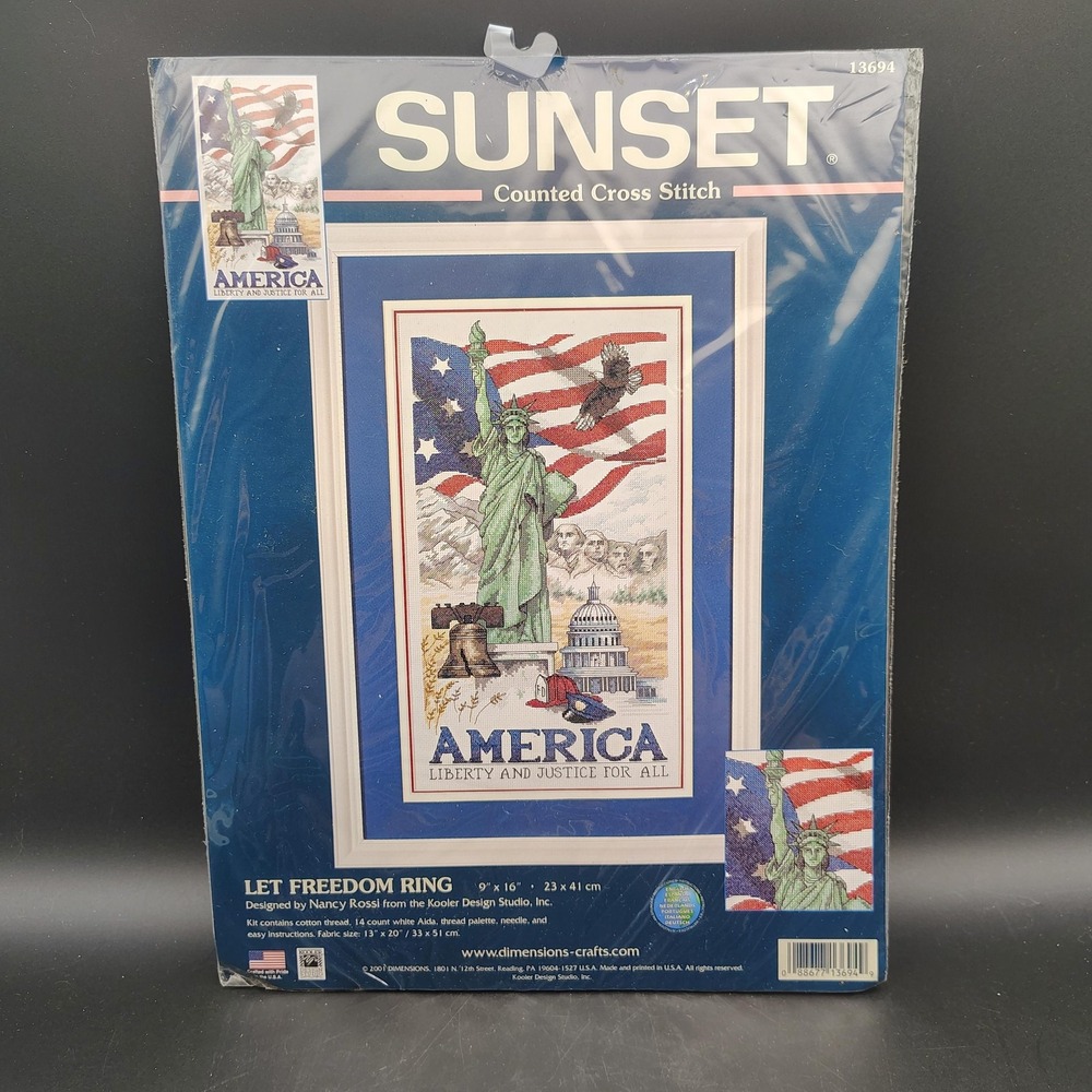 Y2K Sunset Cross Stitch Kit Patriotic Statue Liberty Flag Americana 9x16"